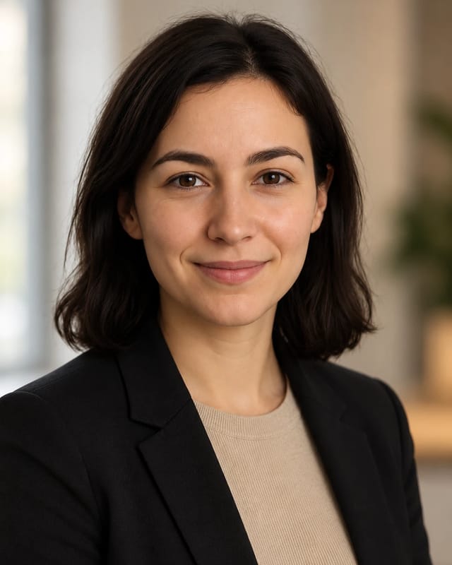 Retrato criado para a assistente Sara Collins: uma mulher de cabelo escuro, casaco preto e camisola bege.